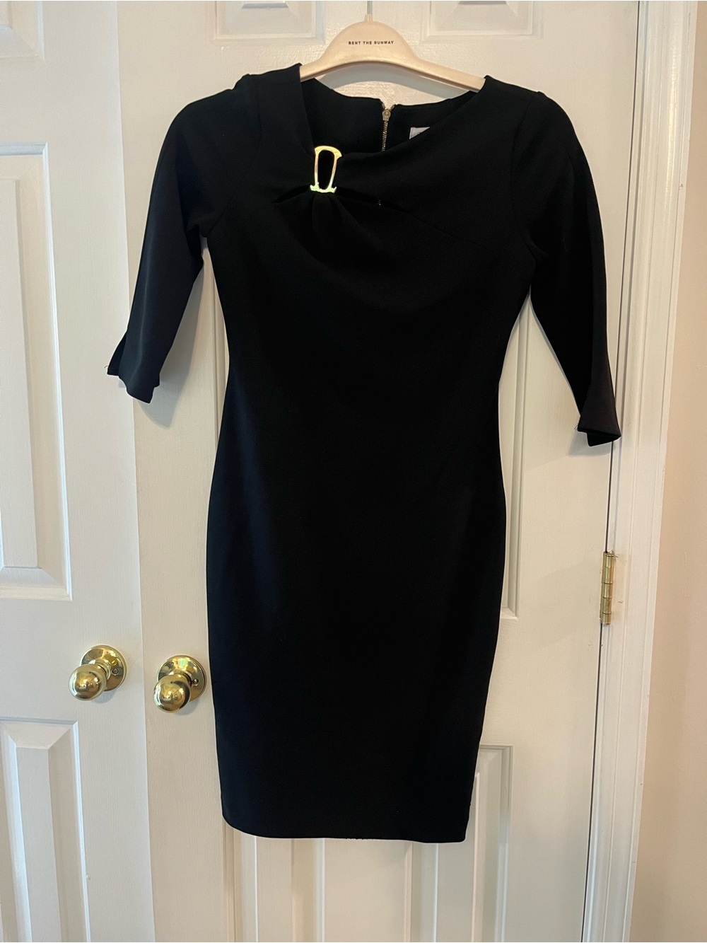 Calvin Klein Black Long-Sleeve Sheath Dress with Gold Buckle